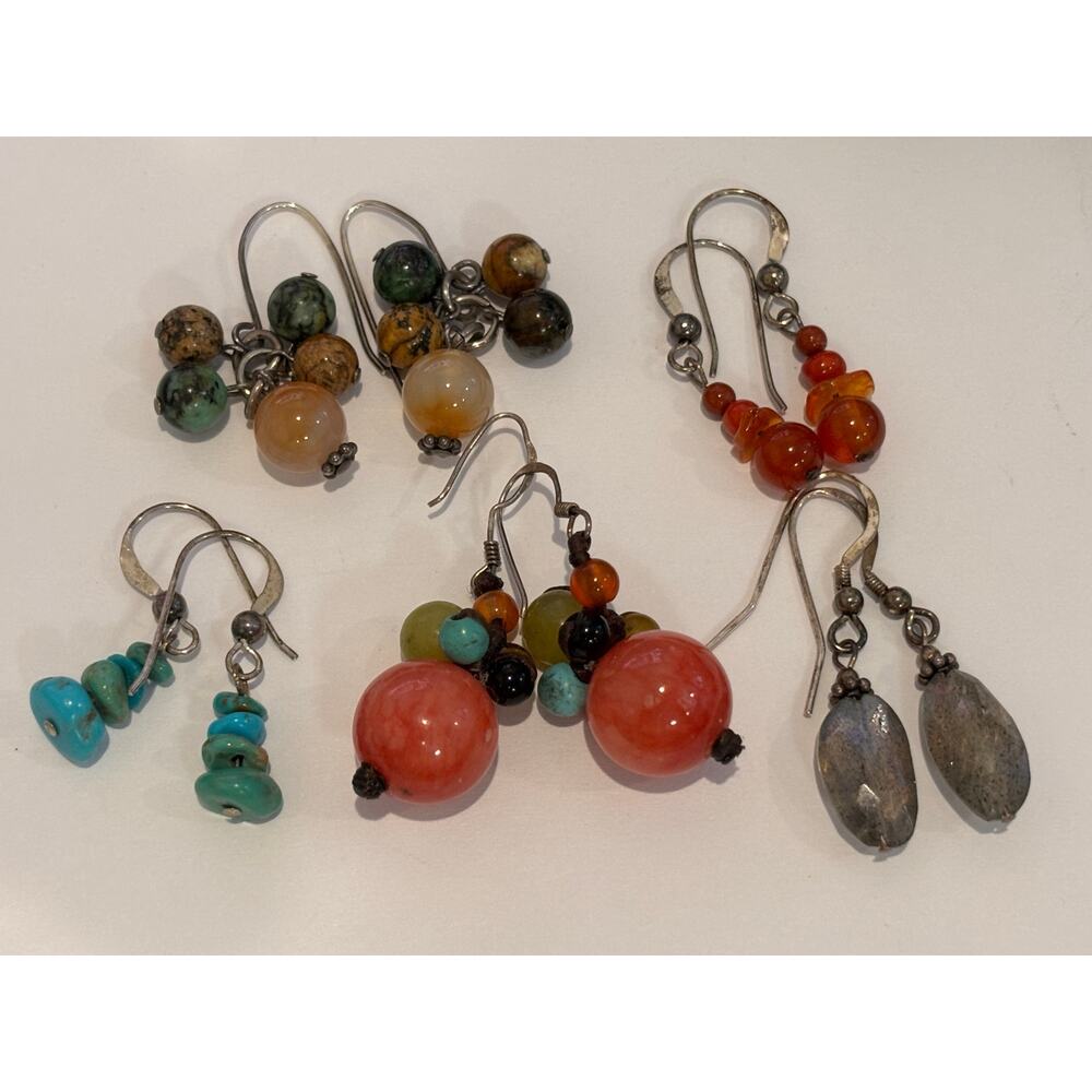 Sterling Silver Turquoise Carnelian Moonstone Dangle Earrings Lot of 5